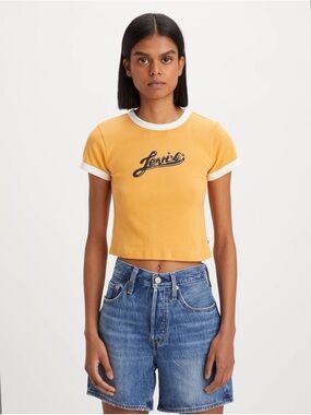Levi’s Mustard Yellow Cropped Ringer Tee with White Trim